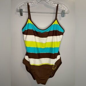 Sessa Women’s Size 14 One Piece Swimsuit Blue Green Brown Gold Adjustable Straps